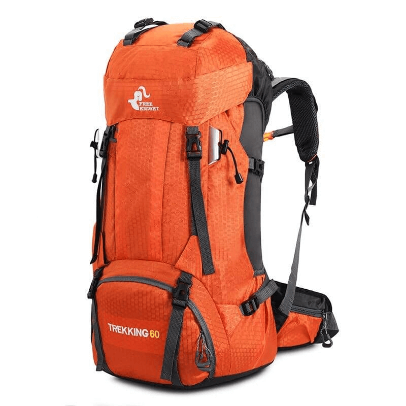 Orange large travel backpack with rain cover for women and men, featuring 60L capacity, ergonomic straps, and waterproof material. Ideal for trekking.